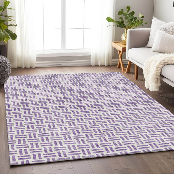 HomeRoots 5' X 8' Modern Lavender and Ivory Geometric Area Rug - Durable, Washable, UV-Protected Home Accent 677257