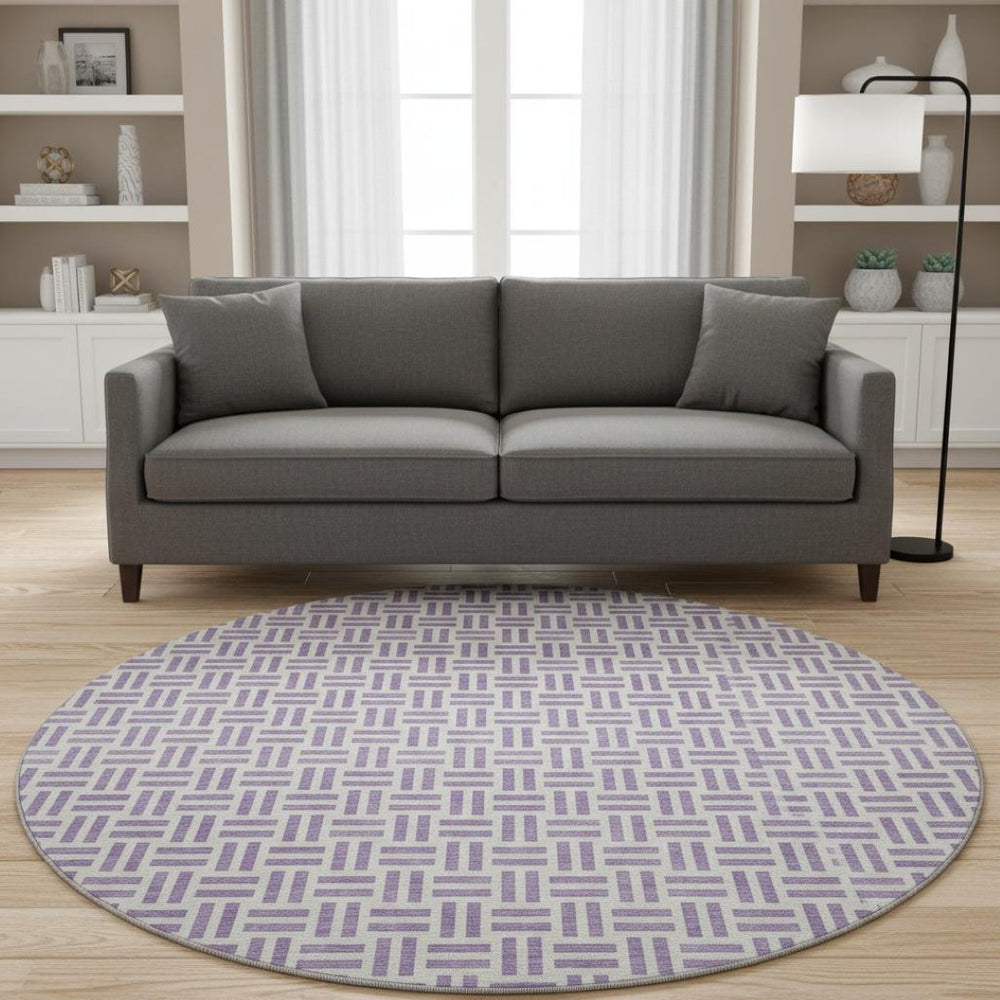 HomeRoots 8' Lavender and Ivory Geometric Round Washable Rug with UV Protection for Modern Homes & Nurseries 677258
