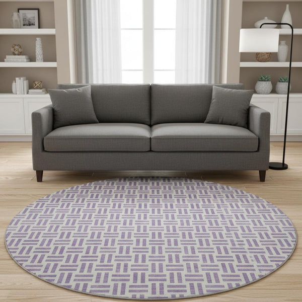 HomeRoots 8' Lavender and Ivory Geometric Round Washable Rug with UV Protection for Modern Homes & Nurseries 677258