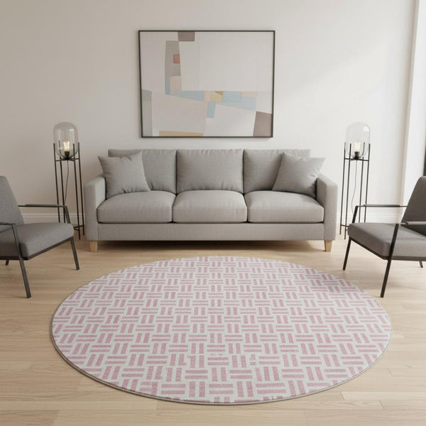 HomeRoots 8' Pink and Ivory Geometric Round Rug - Washable, UV-Protected, Stylish Floor Covering for Every Room 677264