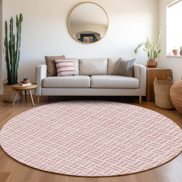 HomeRoots 8' Pink and Ivory Geometric Round Rug - Washable, UV-Protected, Stylish Floor Covering for Every Room 677264