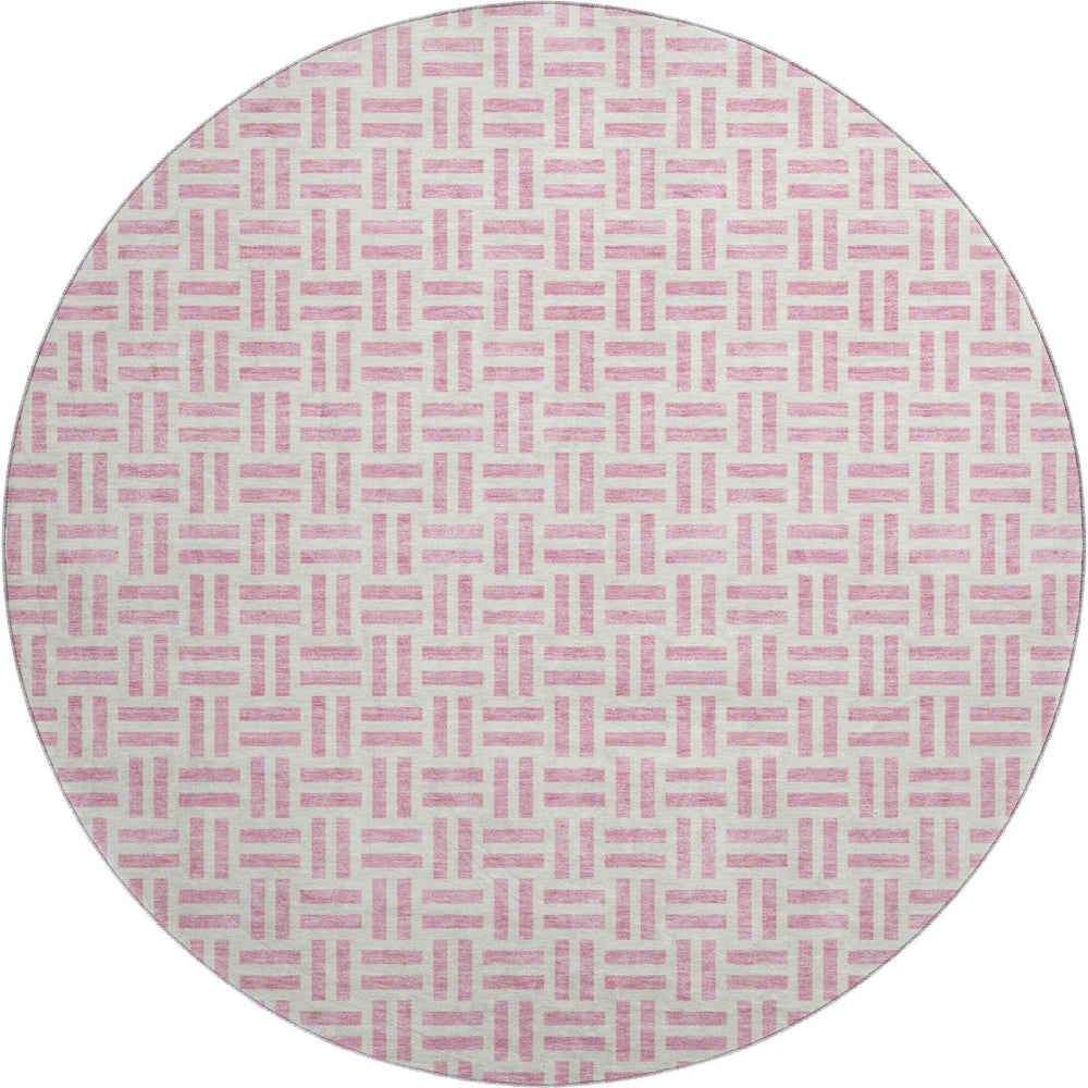 HomeRoots 8' Pink and Ivory Geometric Round Rug - Washable, UV-Protected, Stylish Floor Covering for Every Room 677264
