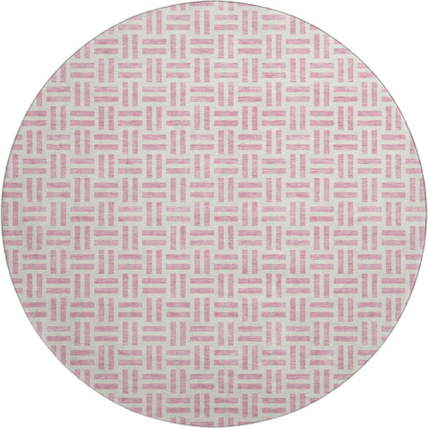 HomeRoots 8' Pink and Ivory Geometric Round Rug - Washable, UV-Protected, Stylish Floor Covering for Every Room 677264