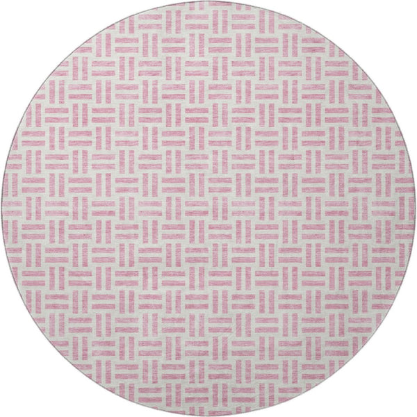 HomeRoots 8' Pink and Ivory Geometric Round Rug - Washable, UV-Protected, Stylish Floor Covering for Every Room 677264