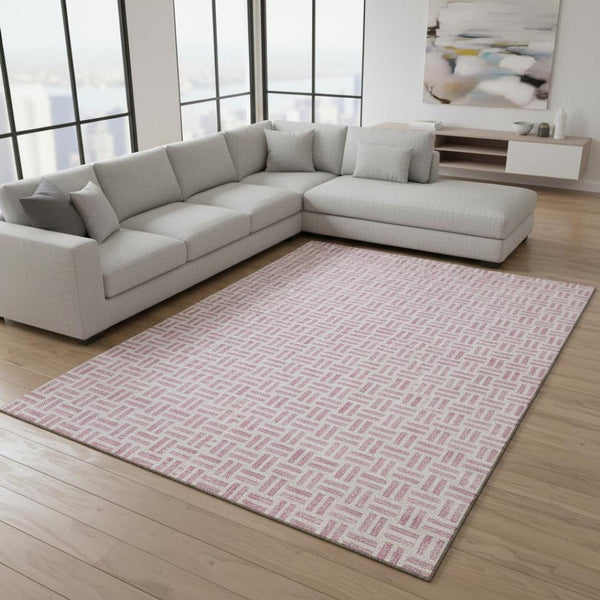 HomeRoots 9' X 12' Cozy Pink and Ivory Geometric Washable Area Rug with UV Protection for Family Living Spaces 677266