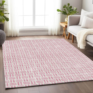 HomeRoots 9' X 12' Cozy Pink and Ivory Geometric Washable Area Rug with UV Protection for Family Living Spaces 677266
