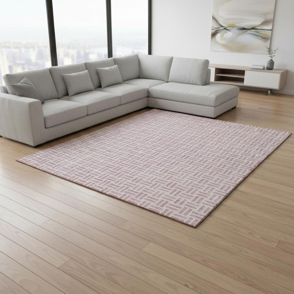 HomeRoots 10' Washable Pink and Ivory Geometric Area Rug – UV Protected, Durable, Ideal for Busy Homes 677267