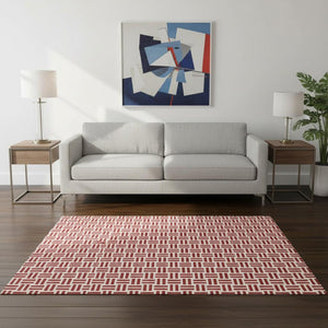 HomeRoots 5' X 8' Red And Ivory Geometric Area Rug - Washable, Stain-Resistant, UV Protected for Modern Homes 677269
