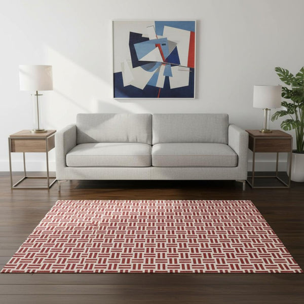 HomeRoots 5' X 8' Red And Ivory Geometric Area Rug - Washable, Stain-Resistant, UV Protected for Modern Homes 677269
