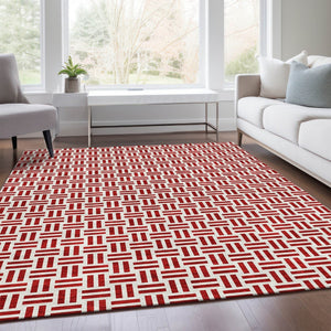 HomeRoots 5' X 8' Red And Ivory Geometric Area Rug - Washable, Stain-Resistant, UV Protected for Modern Homes 677269