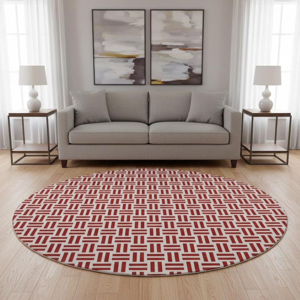 HomeRoots 8' Red Geometric Washable Round Rug with UV Protection - Stylish, Durable, and Easy-Care for Homes! 677270