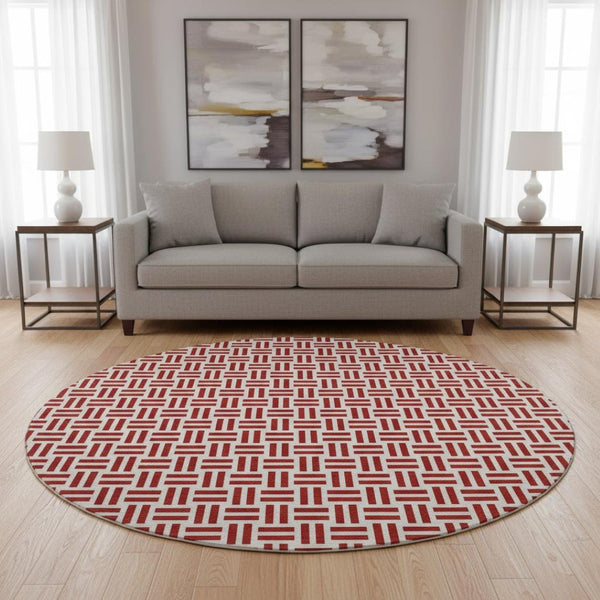 HomeRoots 8' Red Geometric Washable Round Rug with UV Protection - Stylish, Durable, and Easy-Care for Homes! 677270