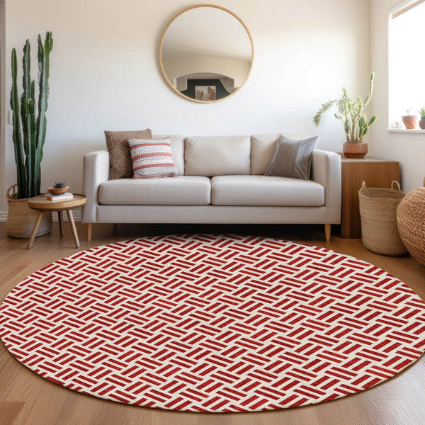 HomeRoots 8' Red Geometric Washable Round Rug with UV Protection - Stylish, Durable, and Easy-Care for Homes! 677270