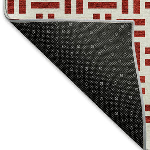 HomeRoots 8' Red Geometric Washable Round Rug with UV Protection - Stylish, Durable, and Easy-Care for Homes! 677270