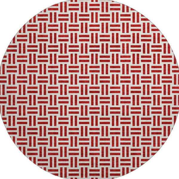 HomeRoots 8' Red Geometric Washable Round Rug with UV Protection - Stylish, Durable, and Easy-Care for Homes! 677270