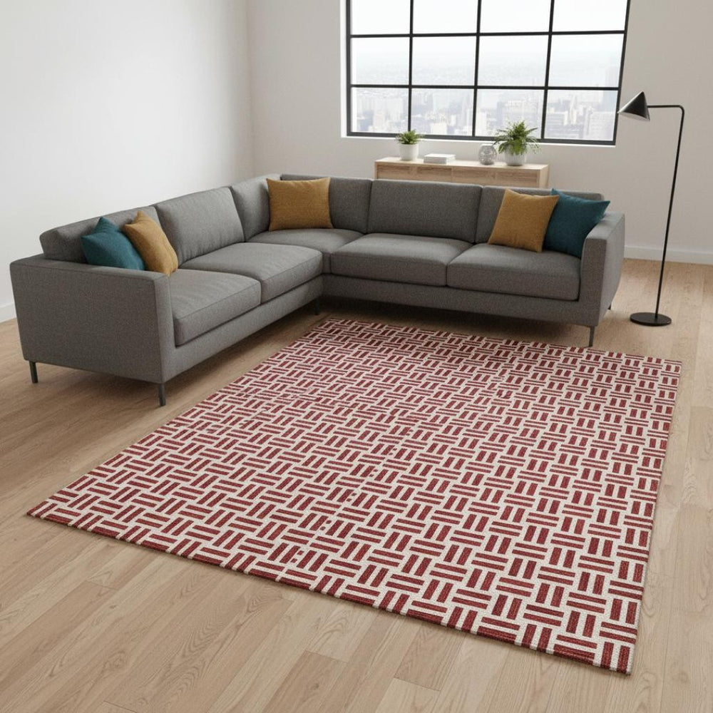 HomeRoots 8' X 10' Geometric Red & Ivory Washable Area Rug with UV Protection – Perfect for Active Homes! 677271