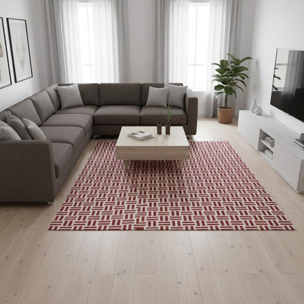HomeRoots 9' X 12' Red & Ivory Geometric Area Rug - Washable, UV-Protected, Stylish for Busy Homes 677272