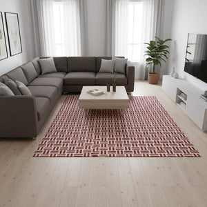 HomeRoots 9' X 12' Red & Ivory Geometric Area Rug - Washable, UV-Protected, Stylish for Busy Homes 677272