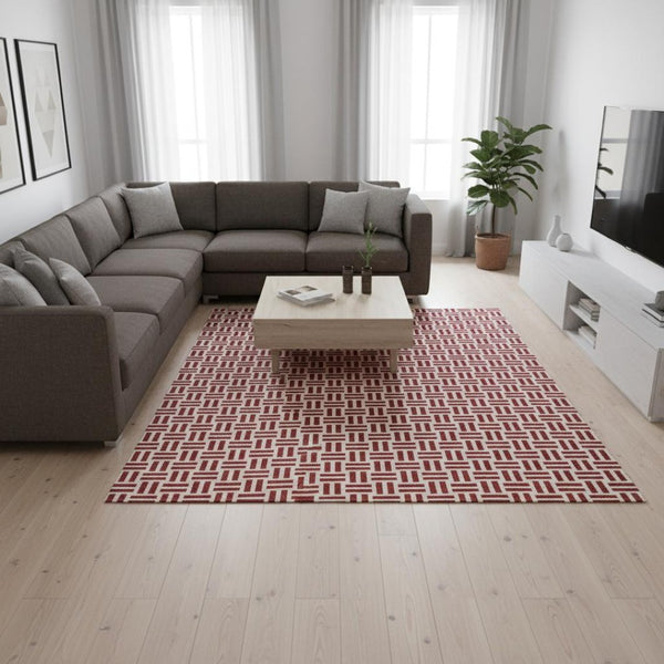 HomeRoots 9' X 12' Red & Ivory Geometric Area Rug - Washable, UV-Protected, Stylish for Busy Homes 677272