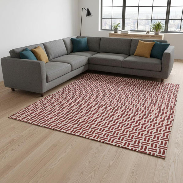 HomeRoots 10' X 14' Red and Ivory Geometric Area Rug – Durable, Washable, UV-Protected for High-Traffic Spaces 677273