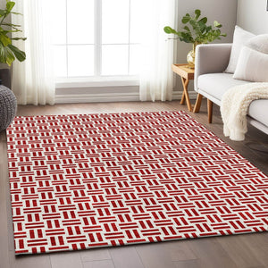 HomeRoots 10' X 14' Red and Ivory Geometric Area Rug – Durable, Washable, UV-Protected for High-Traffic Spaces 677273