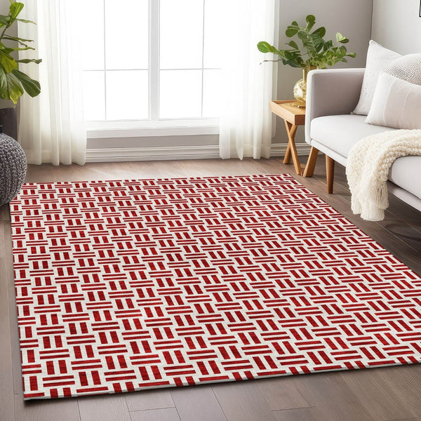 HomeRoots 10' X 14' Red and Ivory Geometric Area Rug – Durable, Washable, UV-Protected for High-Traffic Spaces 677273