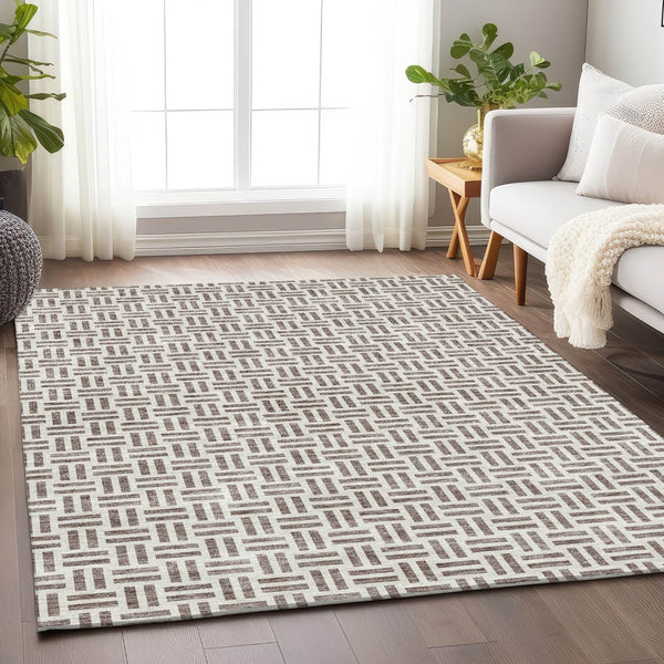 HomeRoots 5' X 8' Taupe & Ivory Geometric Area Rug – Washable, Durable, UV-Protected for Modern Living Spaces 677275