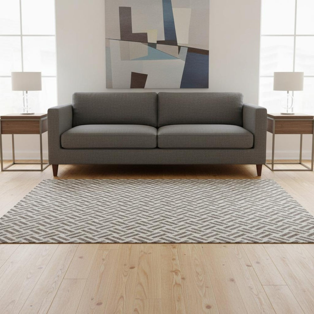 HomeRoots 5' X 8' Taupe & Ivory Geometric Area Rug – Washable, Durable, UV-Protected for Modern Living Spaces 677275