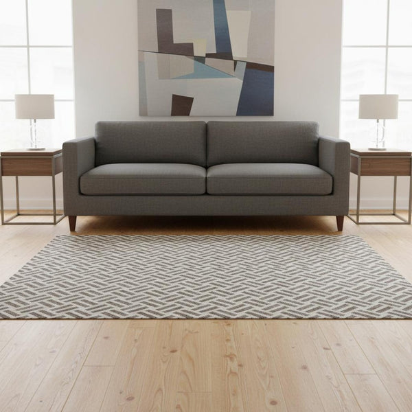 HomeRoots 5' X 8' Taupe & Ivory Geometric Area Rug – Washable, Durable, UV-Protected for Modern Living Spaces 677275