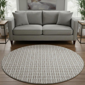 HomeRoots 8' Taupe and Ivory Geometric Round Rug - Washable, UV-Protected, Stylish & Durable for High-Traffic Areas 677276