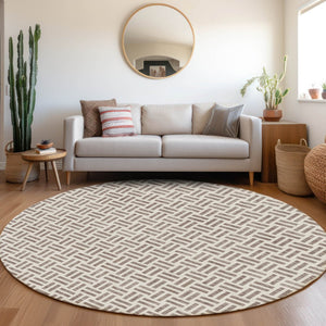 HomeRoots 8' Taupe and Ivory Geometric Round Rug - Washable, UV-Protected, Stylish & Durable for High-Traffic Areas 677276