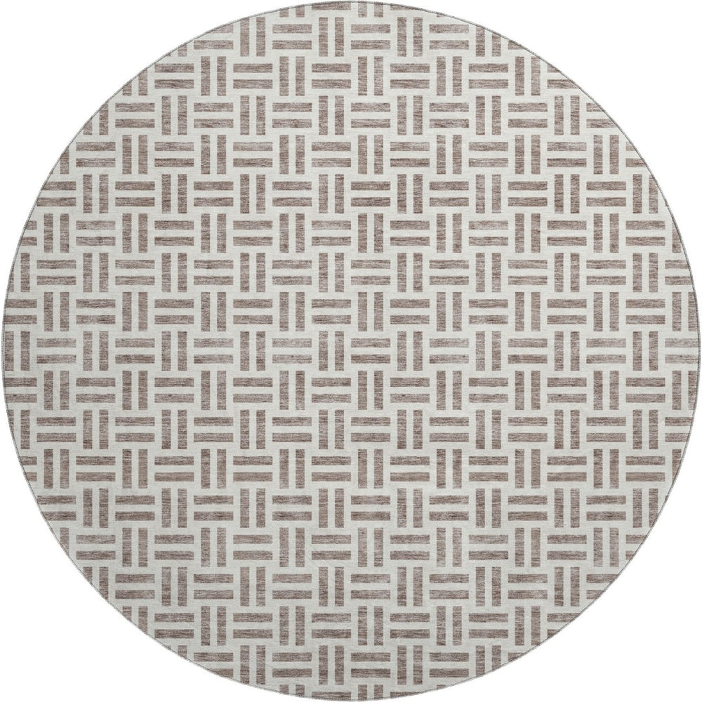 HomeRoots 8' Taupe and Ivory Geometric Round Rug - Washable, UV-Protected, Stylish & Durable for High-Traffic Areas 677276