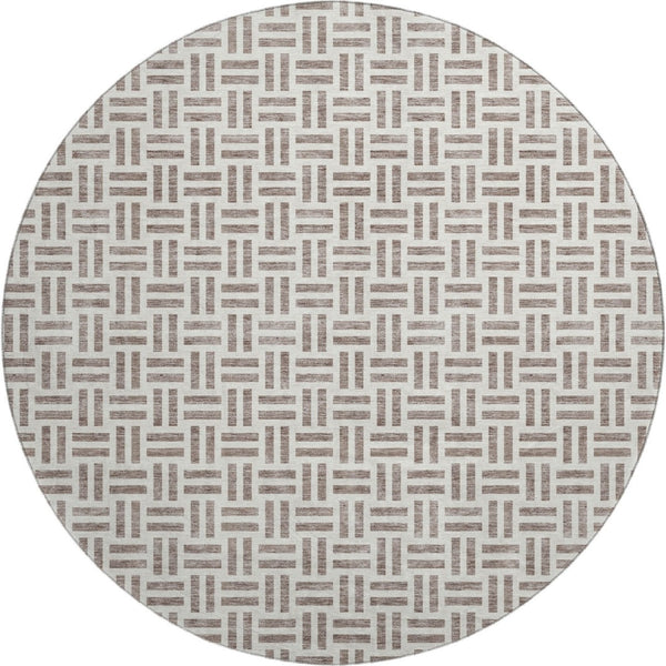 HomeRoots 8' Taupe and Ivory Geometric Round Rug - Washable, UV-Protected, Stylish & Durable for High-Traffic Areas 677276
