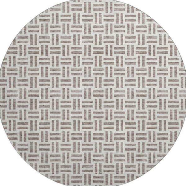 HomeRoots 8' Taupe and Ivory Geometric Round Rug - Washable, UV-Protected, Stylish & Durable for High-Traffic Areas 677276