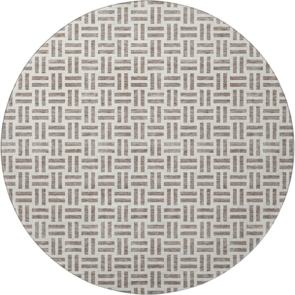 HomeRoots 8' Taupe and Ivory Geometric Round Rug - Washable, UV-Protected, Stylish & Durable for High-Traffic Areas 677276
