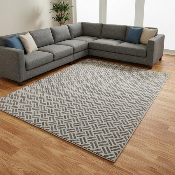 HomeRoots 9' X 12' Taupe And Ivory Geometric Area Rug - Washable, UV Protected, Stain Resistant for Busy Homes 677278