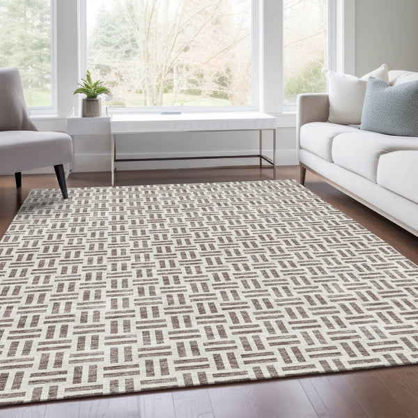 HomeRoots 10' Taupe and Ivory Geometric Washable Area Rug – Durable, Stain-Resistant, UV Protected Design for Homes 677279