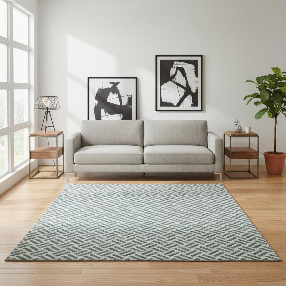 HomeRoots 5' X 8' Teal and Ivory Geometric Area Rug - Washable, UV-Protected, Durable for Kids & Pets! 677281