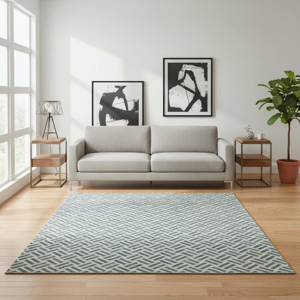 HomeRoots 5' X 8' Teal and Ivory Geometric Area Rug - Washable, UV-Protected, Durable for Kids & Pets! 677281