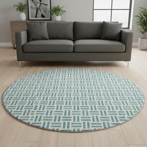 HomeRoots 8' Teal And Ivory Geometric Round Rug – Stylish, Washable, UV-Protected, Perfect for High-Traffic Areas 677282