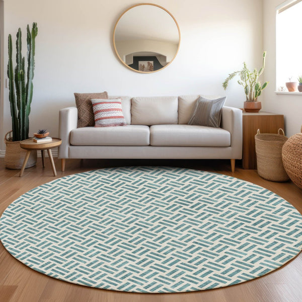 HomeRoots 8' Teal And Ivory Geometric Round Rug – Stylish, Washable, UV-Protected, Perfect for High-Traffic Areas 677282