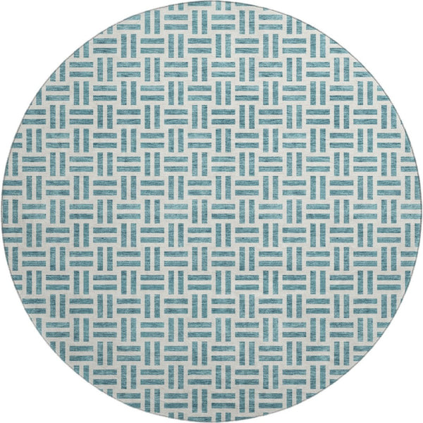 HomeRoots 8' Teal And Ivory Geometric Round Rug – Stylish, Washable, UV-Protected, Perfect for High-Traffic Areas 677282