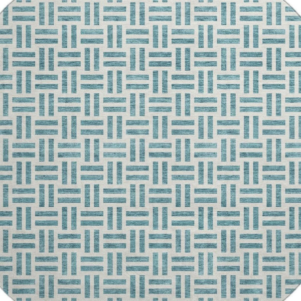HomeRoots 8' Teal And Ivory Geometric Round Rug – Stylish, Washable, UV-Protected, Perfect for High-Traffic Areas 677282