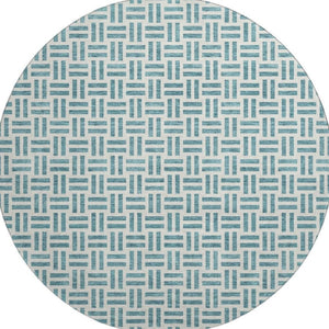 HomeRoots 8' Teal And Ivory Geometric Round Rug – Stylish, Washable, UV-Protected, Perfect for High-Traffic Areas 677282