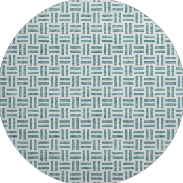 HomeRoots 8' Teal And Ivory Geometric Round Rug – Stylish, Washable, UV-Protected, Perfect for High-Traffic Areas 677282