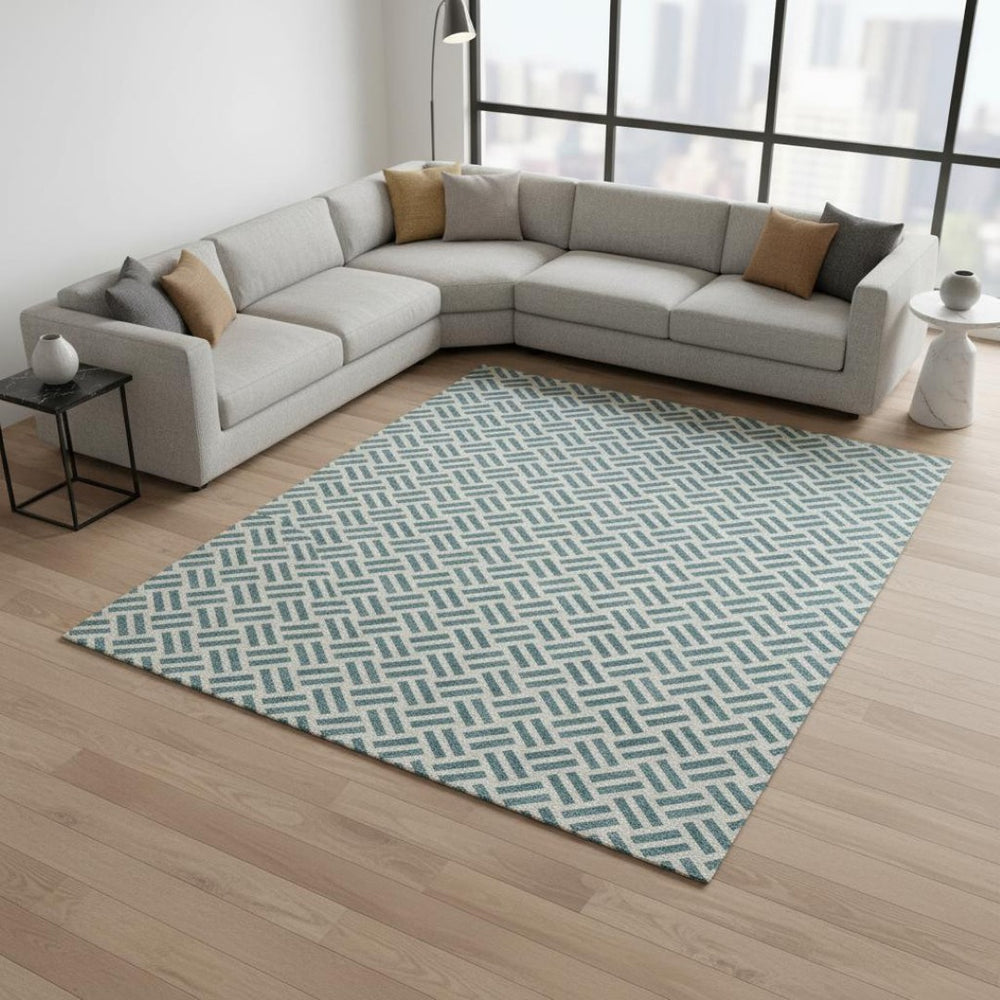 HomeRoots 9' X 12' Teal and Ivory Geometric Area Rug - Washable, UV Protected, Perfect for Busy Homes! 677284
