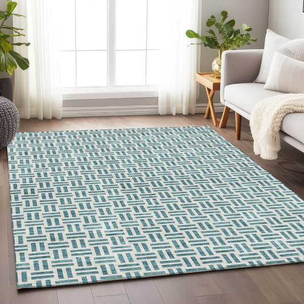 HomeRoots 10' X 14' Teal & Ivory Geometric Area Rug - Washable, UV Protected, Ideal for Homes with Kids & Pets 677285