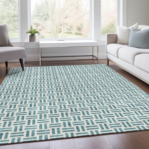 HomeRoots 10' X 14' Teal & Ivory Geometric Area Rug - Washable, UV Protected, Ideal for Homes with Kids & Pets 677285