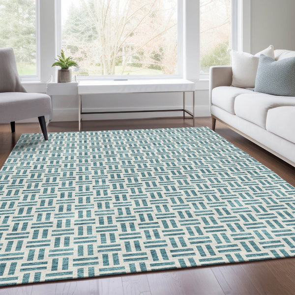 HomeRoots 10' X 14' Teal & Ivory Geometric Area Rug - Washable, UV Protected, Ideal for Homes with Kids & Pets 677285