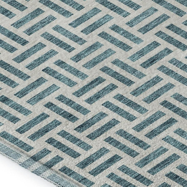 HomeRoots 10' X 14' Teal & Ivory Geometric Area Rug - Washable, UV Protected, Ideal for Homes with Kids & Pets 677285
